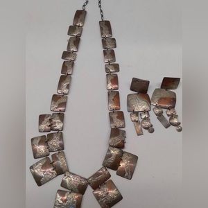 Vintage brutalist style, handmade, mixed metal necklace, and earring set